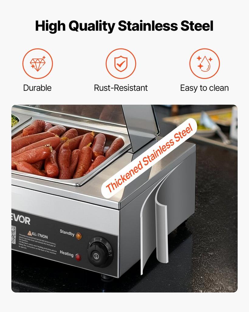 Commercial Food Warmer, 1500W Electric Stainless Steel Steam Food Warmer with Glass Cover, Countertop Buffet Bain Marie with Five 1/2 Size Food Pans,