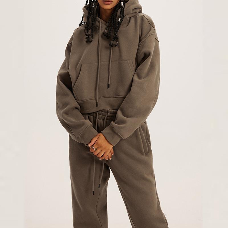 Women's Sweatshirt Set Fashion Hooded Round Neck Long Sleeve Top Casual Loose Warm Two-piece Set