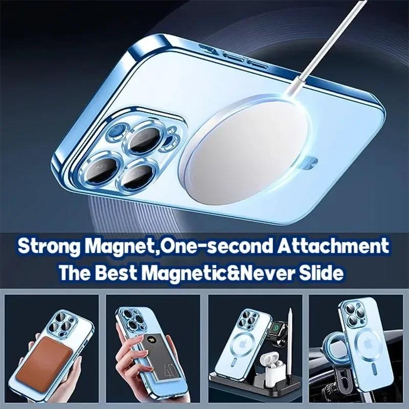 Luxury Wireless Charge Magsafe Phone Case For iPhone 15 14 13 12 11 Pro Max Plus Transparent Magnetic Electroplate Bumper Cover