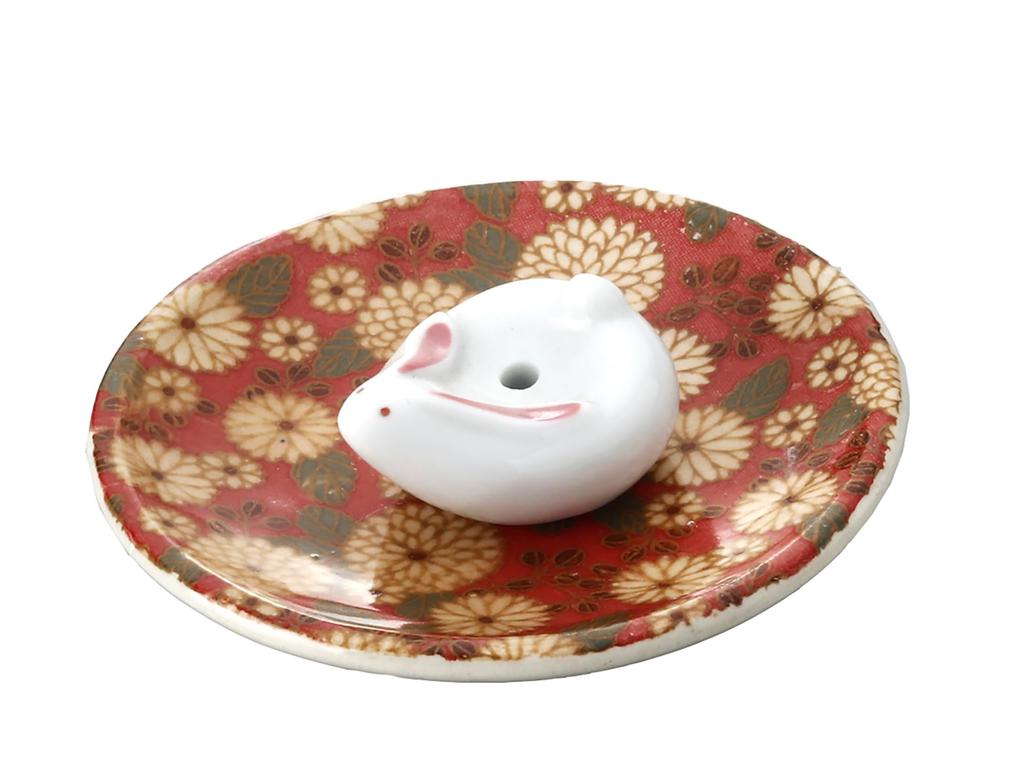 Craftsman House Incense Red Made In Japan Holder, Chrysanthemum, Rabbit,
