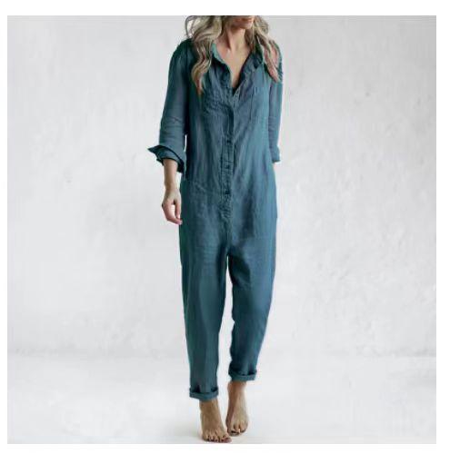 Women s Lapel Collar Three Quarter Sleeve Solid Loose Fit Cotton Jumpsuit With Side Pockets S