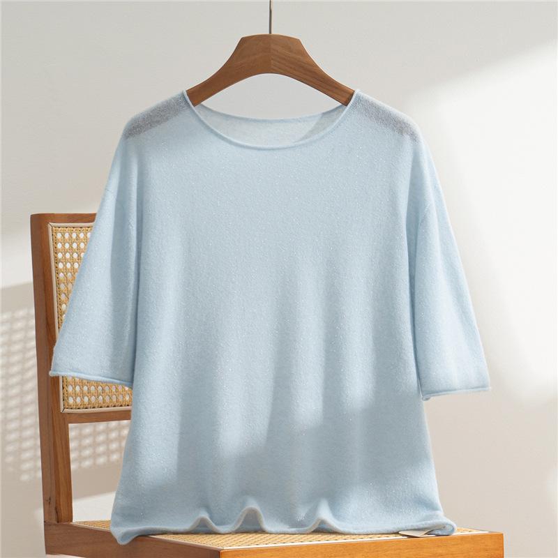 Women's 100% Pure Cashmere Short Sleeve Round Neck Sweater - Rolled Hem Knitwear, Early Autumn Versatile Pullover