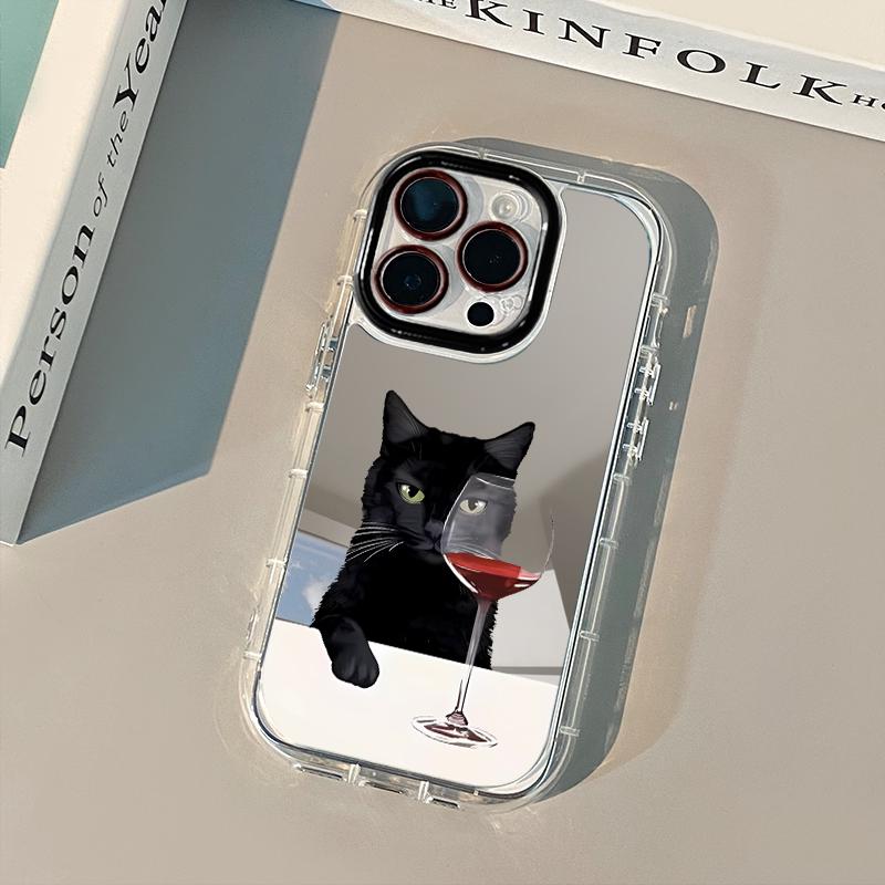 Fashionable Red Wine Cat Mirror Phone Case For iPhone 17 Pro Max Cases 7 8 15 14 16 Plus 13 12 11 Pro X XS XR 16E 17 Air Cover