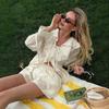 Spring and Autumn 2026 Sweet and Loose Ruffled Two-Piece V-Neck Shirt Shorts Set