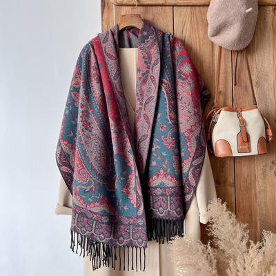 Ethnischer Stil Jacquard Kaschmirblume Reiseschal Damen Jacquard Fransen Schal Verdickt Extra Lang Cape Stola