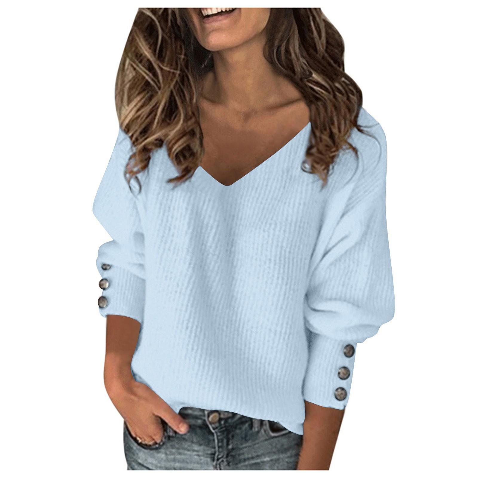 

Women s Color Wild Knitted Sexy V-neck Loose Long-sleeved Sweater Top XXL