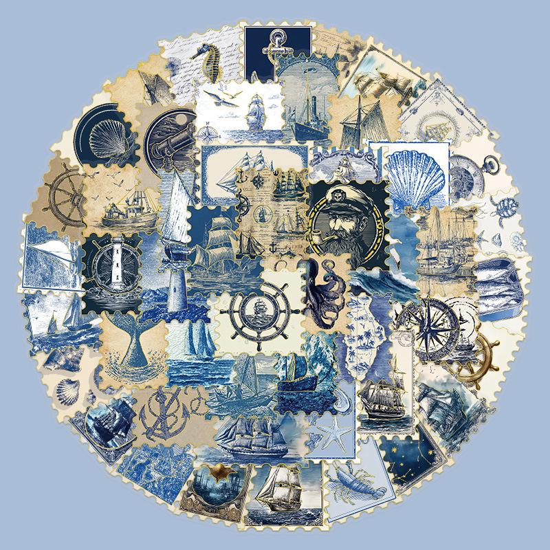 50pcs Retro Blue Nautical Stickers for Laptop, Journal, Phone Case - Waterproof DIY Decor