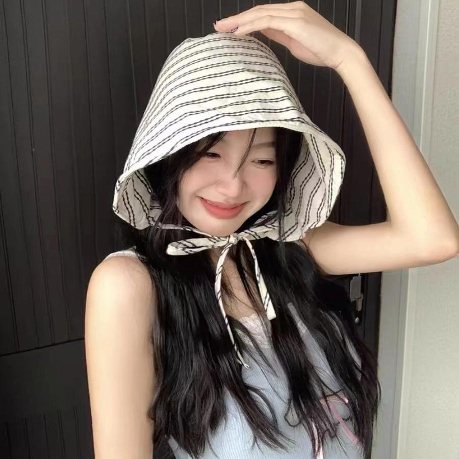 Summer Womens New French Style Wide Brim Bucket Hat With Elegant Stripes And Sun Protection