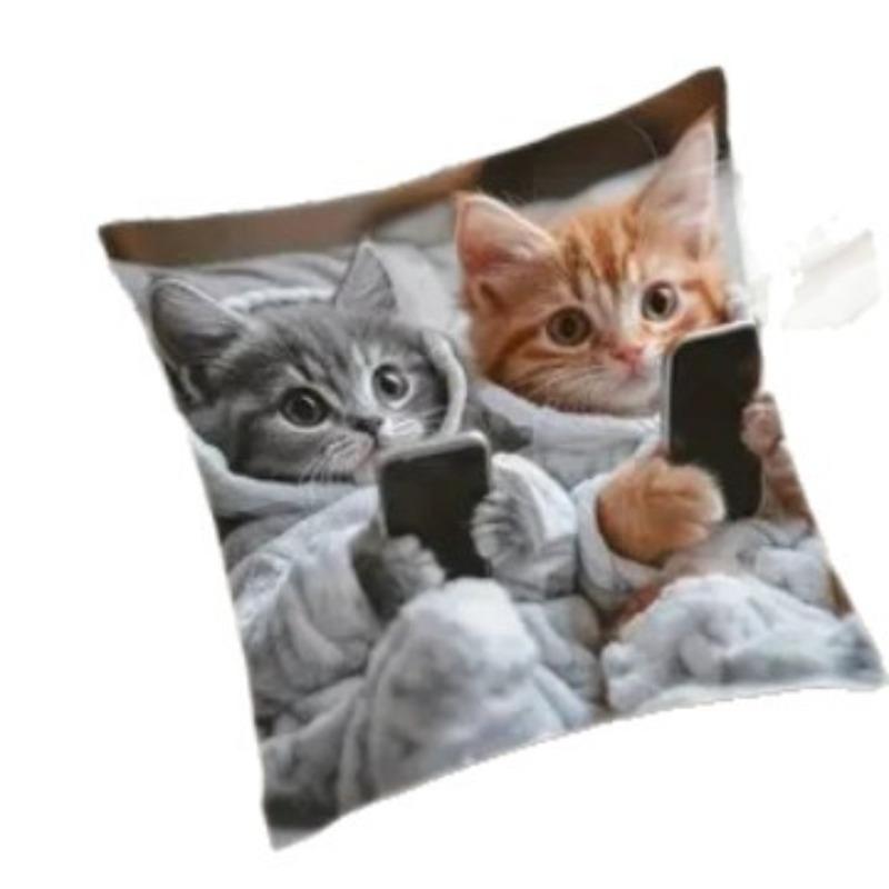 2D Print Cat Pillow Cover with Phone-Playing Design Short-Pile Plush Cute Cat Living Room Sofa Decorative Pillowcase