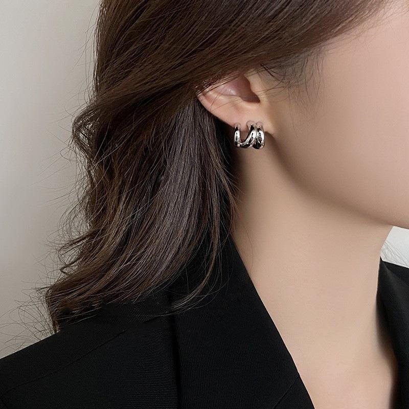 Trendy Metal Three-Ring Stud Earrings for Women - Unique Light Luxury Design
