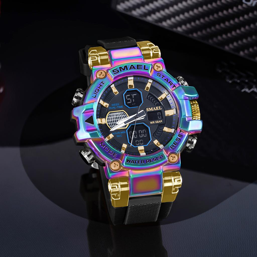 Smael 8027 Colorful Alloy Watch Shockproof Men's Outdoor Sports Dual Time Zone Waterproof Run Second Electronic Cold Light Watch