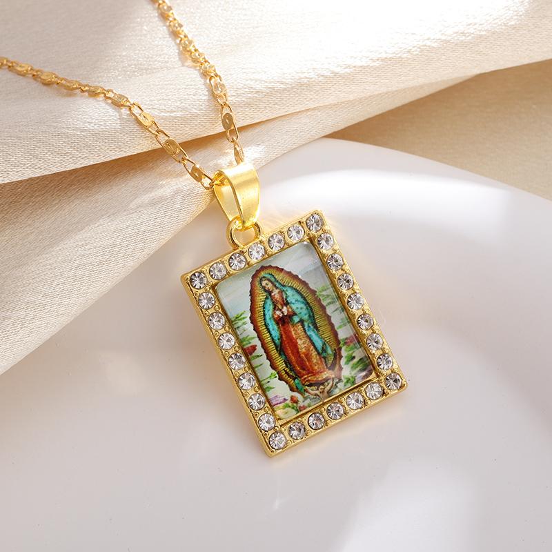 Classic Catholic Virgin Mary Square Pendant Necklace for Men Women Christian Religious Prayer Amulets Jewelry Gifts