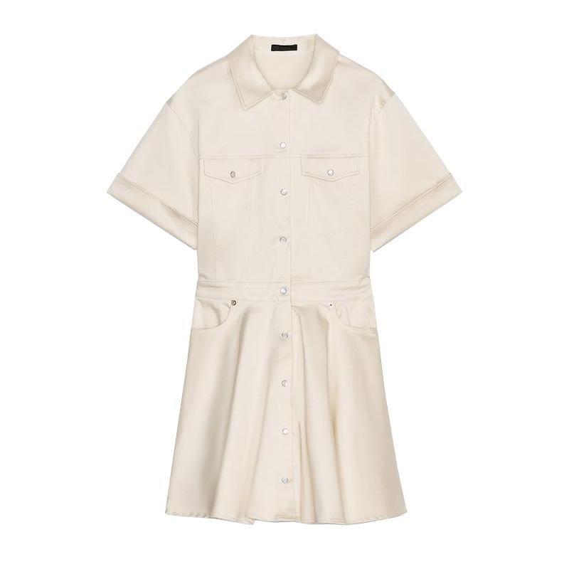 Spring New Women's Clothing French Style Retro Lapels Short Sleeve Back Pleated Wide Hem Short Dress 4661328