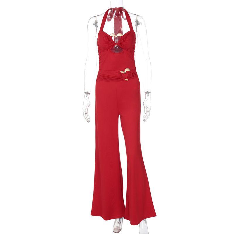 

Fashion 2025 Summer New Arrival Women s Clothing Sexy Sexy Metal Buckle Hollow Sexy Sexy Backless Halter Jumpsuit Red S