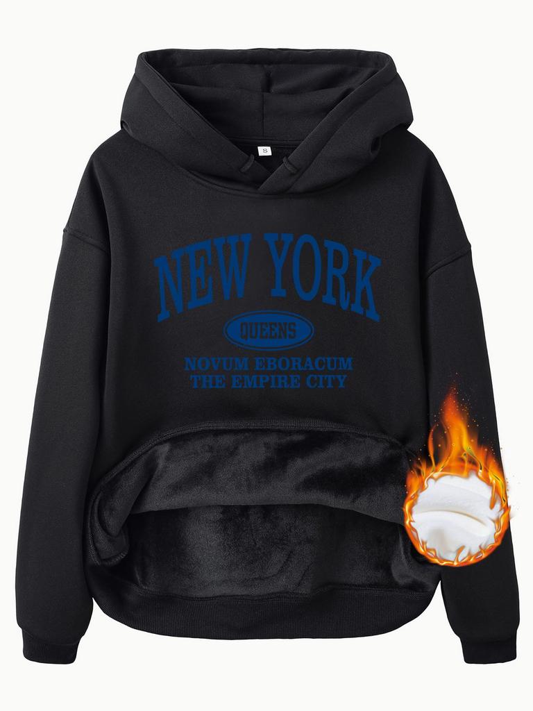 European/American Style Fleece-Lined Hoodie with New York Print and Kangaroo Pocket for Women - Autumn/Winter