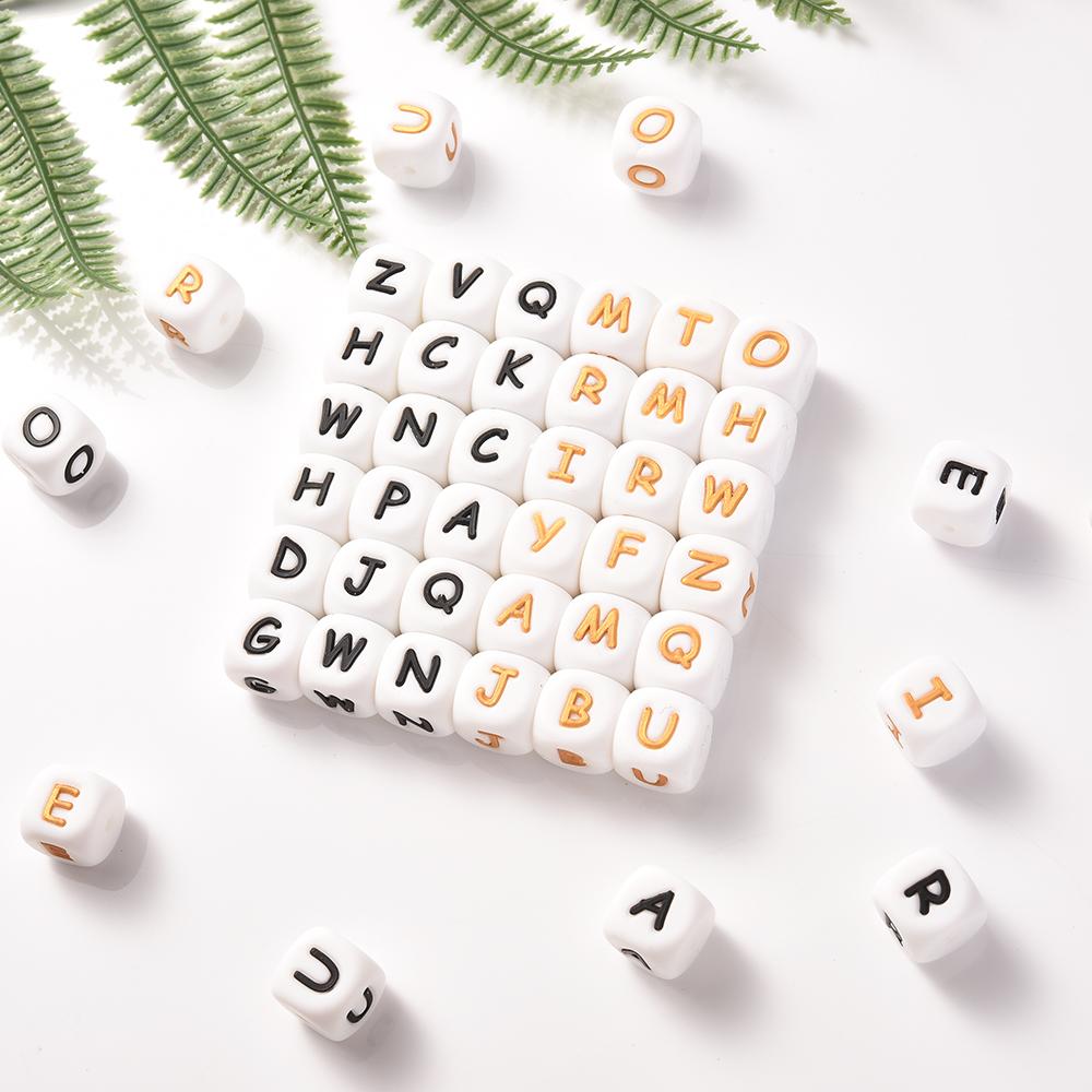 10Pcs 12mm Silicone Beads Letters Golden Black English Alphabet Letter Bead Bpa Free Material for Diy Chew Necklace Teether Toys