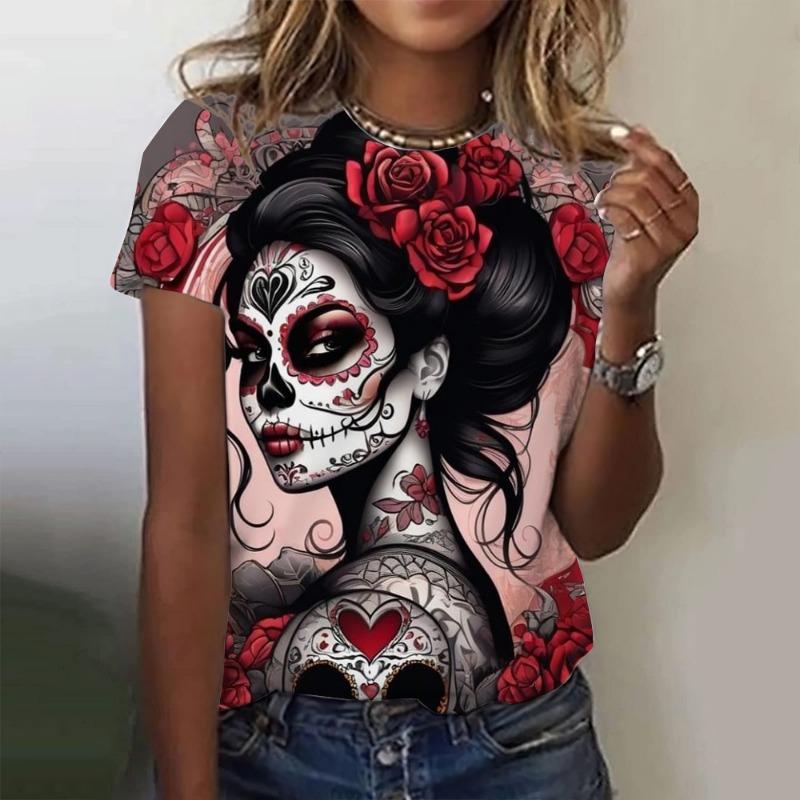 Mexican Day of the Dead Women's T Shirt 3D Print Rose Catrina Goddess O-Neck Short Sleeve Tees Streetwear Y2k Clothing For Girls