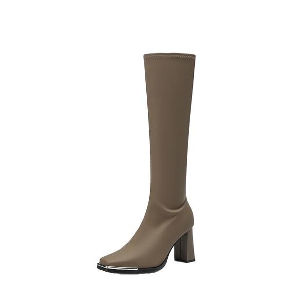 Pointed high-heeled boots women's 2025 new apricot suede elastic thin boots but knee thick-heeled high boots