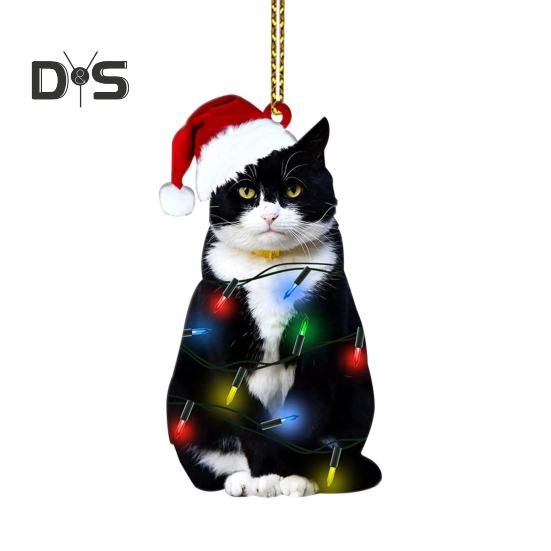 Christmas Cat Pendant Cartoon Cat with Santa Hat Ornament 2D Flat Acrylic Christmas Tree Decoration Cat Keepsake for Home Car Tree Decor