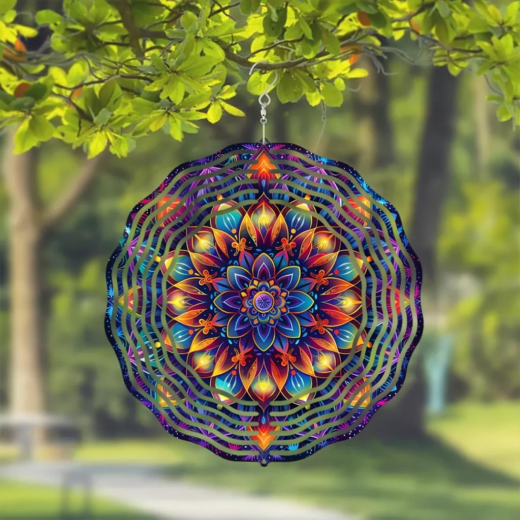 10palcový barevný mandala větrník – 3D laserem řezaná kovová umělecká dekorace, 360° otočný háček pro vnitřní/venkovní použití – Živý geometrický zahradní větrník