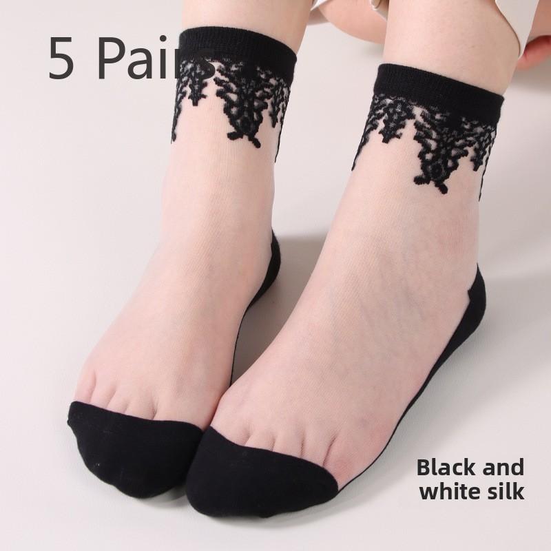 5 Pairs Socks for Women Spring/summer Thin Anti-hook Wire Glass Wire Mid-tube Socks Retro Crystal Stockings