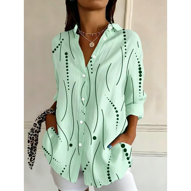 Women's Long Sleeve Abstract Wave Print Button Down Casual Shirt Elegant Daily Blouse Tops in White Blue for Spring Summer