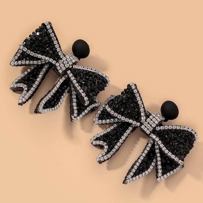 Elegant Black Diamond Bow Earrings: Retro & Exquisite Sparkling Jewelry for Women