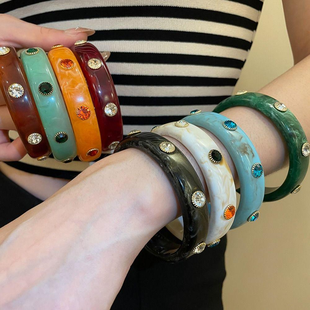 Bohemian Rhinestone Colored Bracelet Zircon Retro Hand Ring Unique Acrylic Bangle  Women