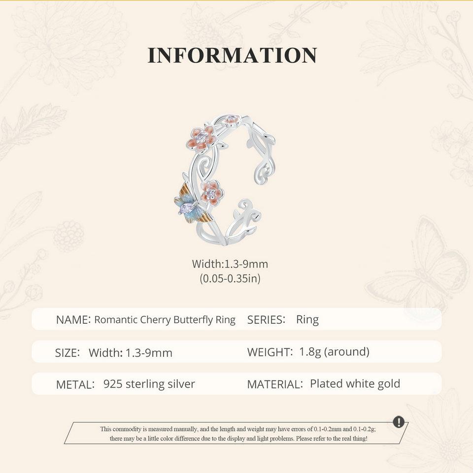 BAMOER 925 Sterling Silver Cherry/Butterfly Adjustable Ring Hypoallergenic Charm Jewelry Gift Ring for Women Girls