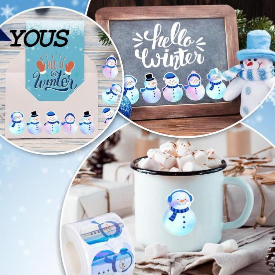 Self-adhesive Coated Paper Labels 500PCS Shiny Snowman Stickers, Waterproof Self Adhesive Labels, Round Roll of 500 Christmas Tags Decorative