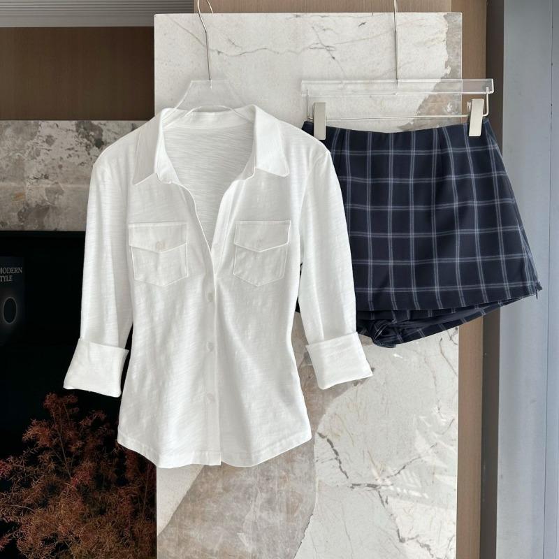 

Women s Slim Fit Button Down Shirt 3/4 Sleeve Waist Cinched Blouse Top S білий