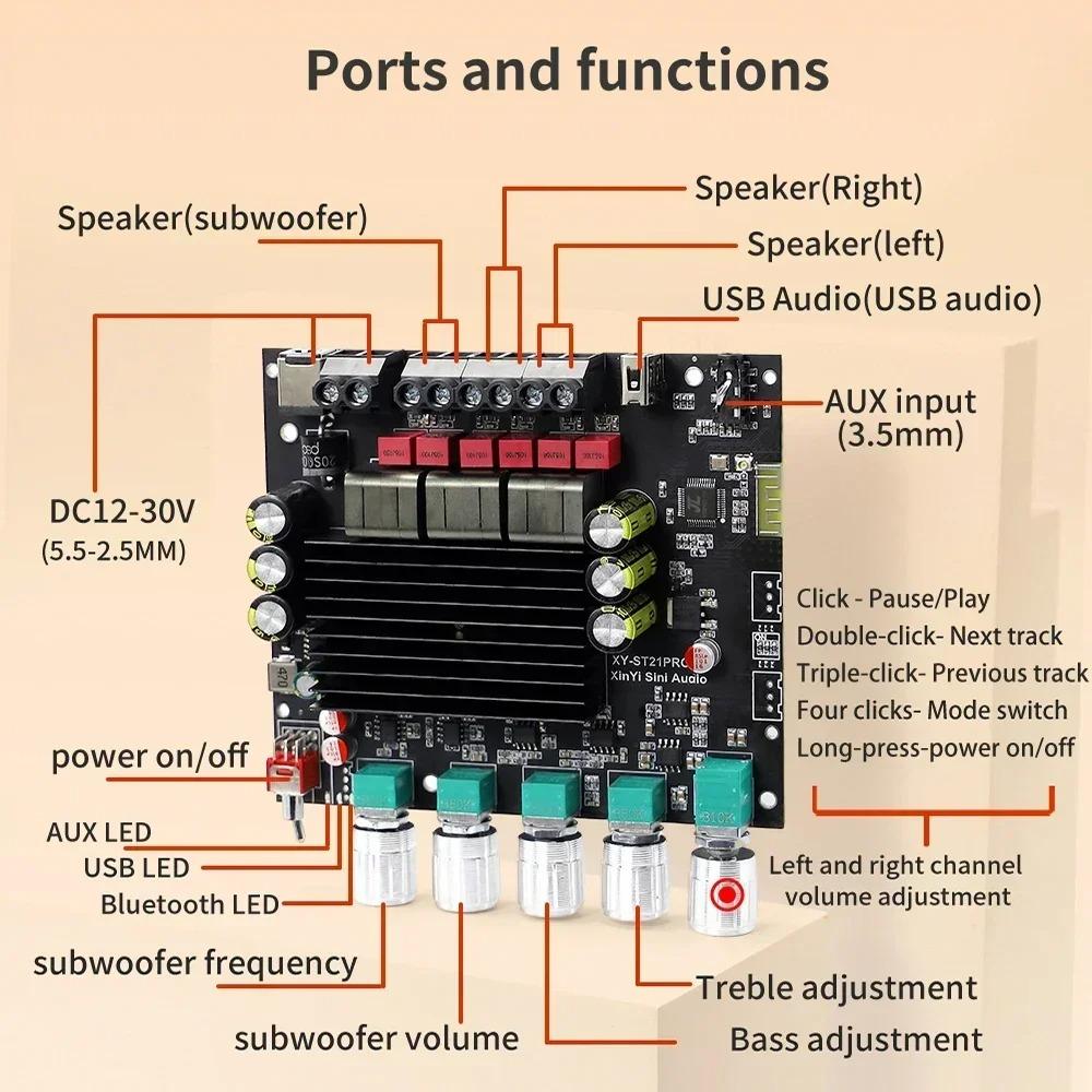 TPA3221 Bluetooth Power Amplifier Board 2*100W+200W 2.1 Ch Class D USB Sound Card Subwoofer Theater Audio Stereo Equalizer Amp