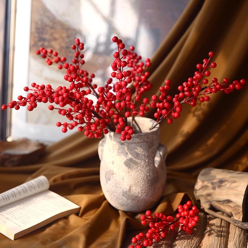 Artificial Red Berry with Stem 6 Branches Holly Berries Simulation Fake Flower