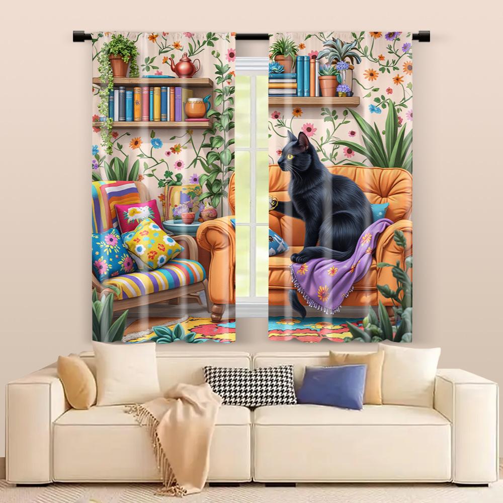 Set Of 2 Filtering Curtains Excluding Rods Non Movable Without Batteries Black Cartoon Cat Use Bedrooms Living Curtain Polyester Ideal For Bedroom