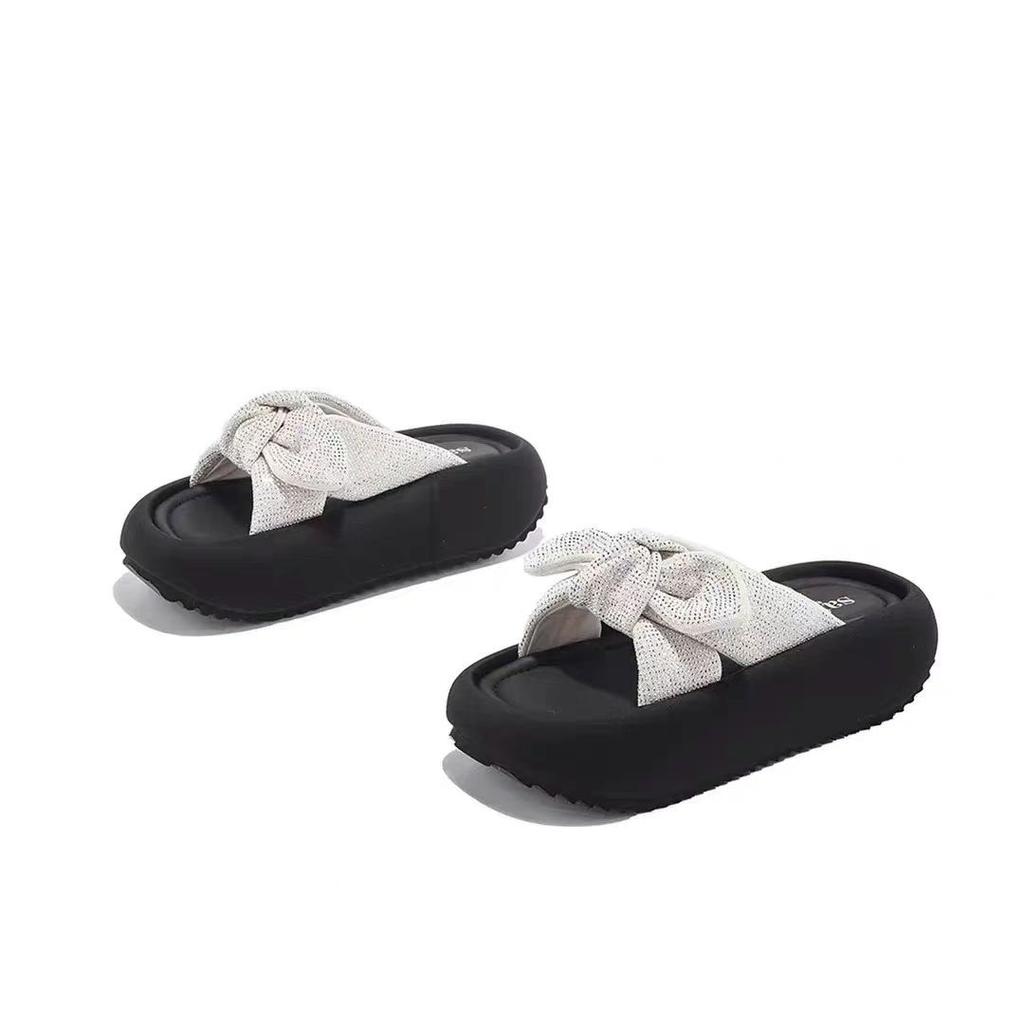 Bow Rhinestone Thick-bottomed One-word Slippers for Women To Wear 2025 New Fashionable Versatile Beach Slippers