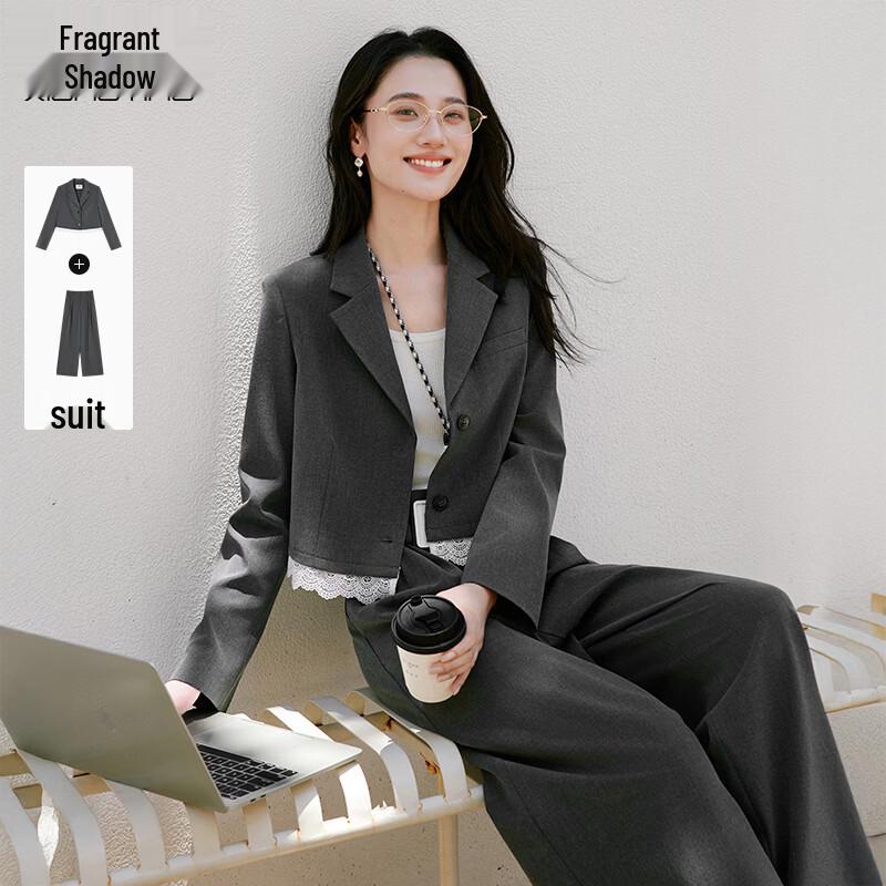 Xiangying Women s Gray Professional Blazer & Wide-Leg Pants Set M