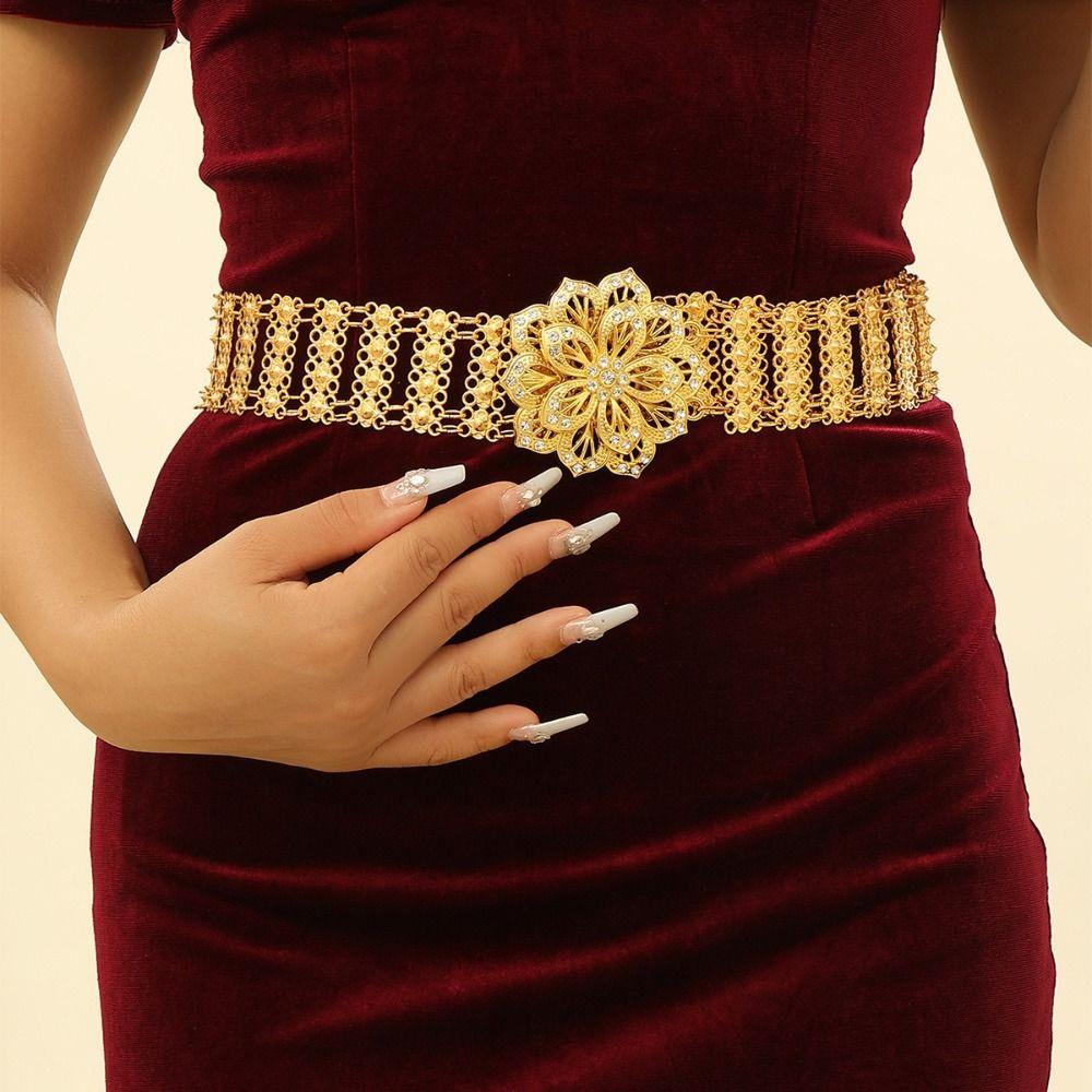 Rhinestone Flower Metal Waist Chain Metal Dance Dress Belt Chains Vintage Gold Bridal Belt  Women
