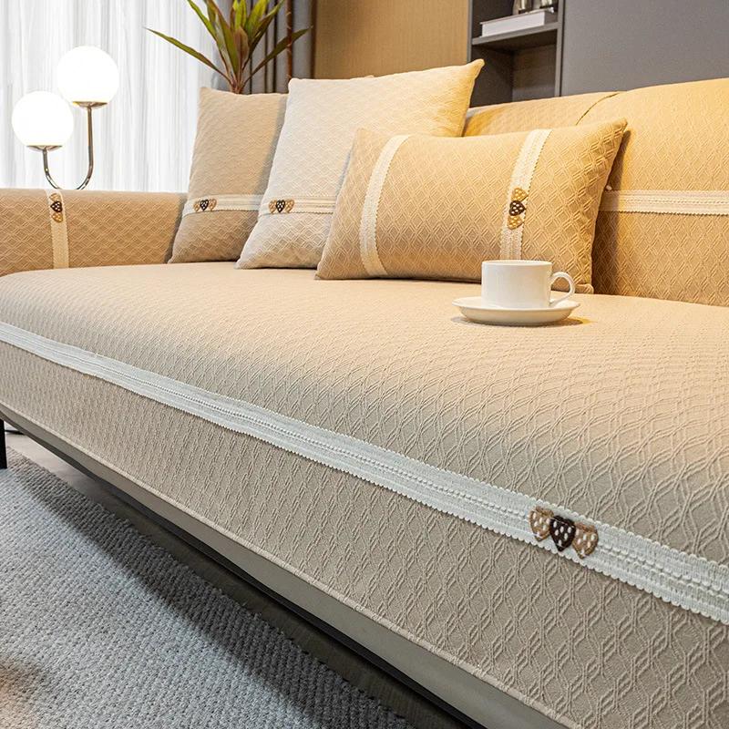 Four Seasons Universal Sofa Cover Non-Slip Jacquard Sofa Cover Chenille Solid Color Splicing Embroidery Sofa Cushion Backrest