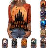 Women's Casual Round Neck Three Quarter Sleeve Halloween Print T Shirt Top Lightweight Soft Fabric Comfortable Fit