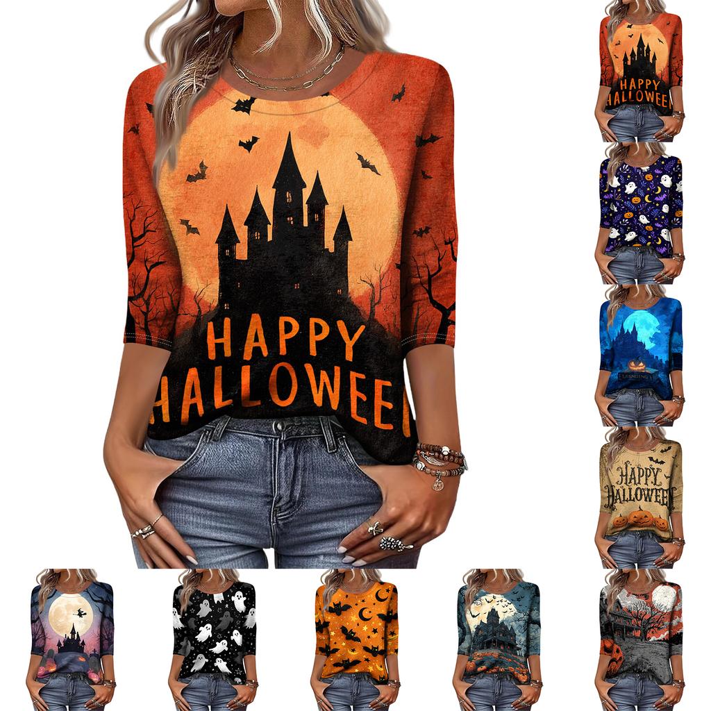 Women's Casual Round Neck Three Quarter Sleeve Halloween Print T Shirt Top Lightweight Soft Fabric Comfortable Fit