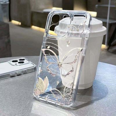 Gold Butterfly Phone Case For iPhone 16 15 14 13 12 11 Pro Max Mini XS X XR 7 8 Plus 16e Transparent Shockproof Soft Back Cover