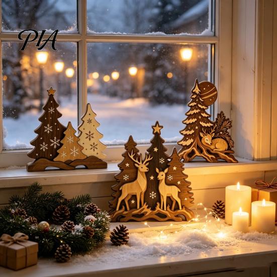 Christmas Gift for Friends Family Forest Deer & Tree Silhouette Figurine, Rustic Layered Cutout Tabletop Ornament, Winter Seasonal Tiered Tray