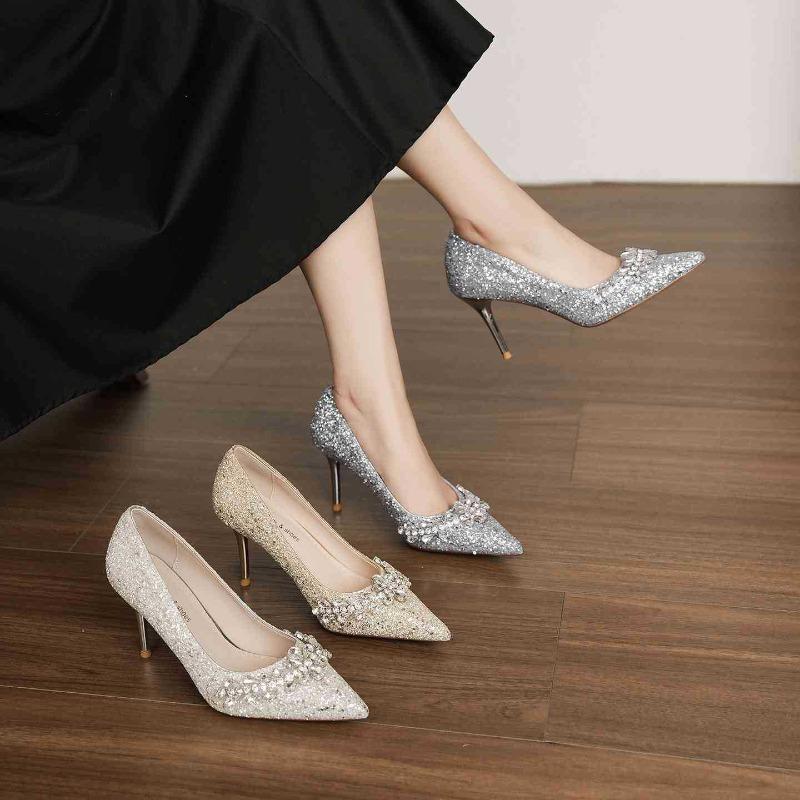Sequined pearl applique stiletto high heels wedding shoes banquet dress comfortable and high-end women's shoes