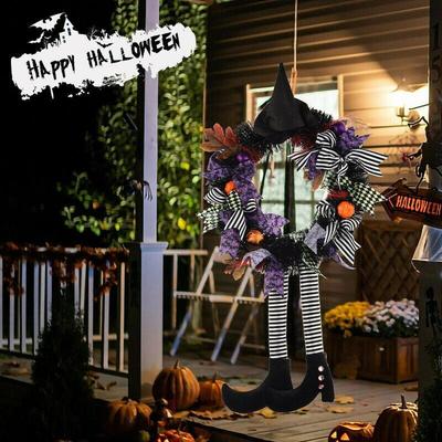 Witch Halloween Wreath with Hat Legs Pumpkin Door Wreath, Artificial Maple, Pumpkin Wreath for Halloween Decorations
