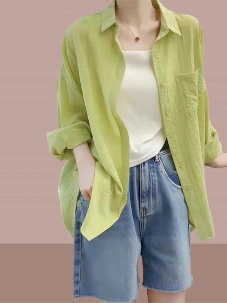 Summer Women's Loose Mint Green Length Sun Protection Shirt Stylish Versatile Long Sleeve Shirt Commute