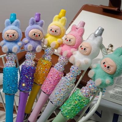1 Peça Flocagem Labubu Kawaii Caneta de Cordão com Miçangas Caneta Esferográfica Fofa de Desenho Animado Papelaria para Estudantes Material de Escritório Presentes
