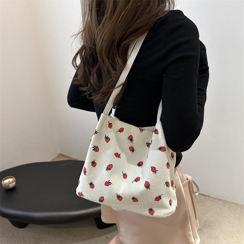 Lovely Strawberry Women's Shoulder Bag Large Capacity Female Corduroy Shopping Bags Travel Female Underarm Tote Handbags