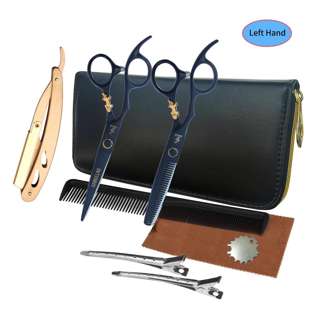 SANGELAR 6 palcová levá ruka Sada nůžek na vlasy různých barev Profesionální kadeřnické nástroje Stříhací nůžky Třásně nůžky s nožem na holení