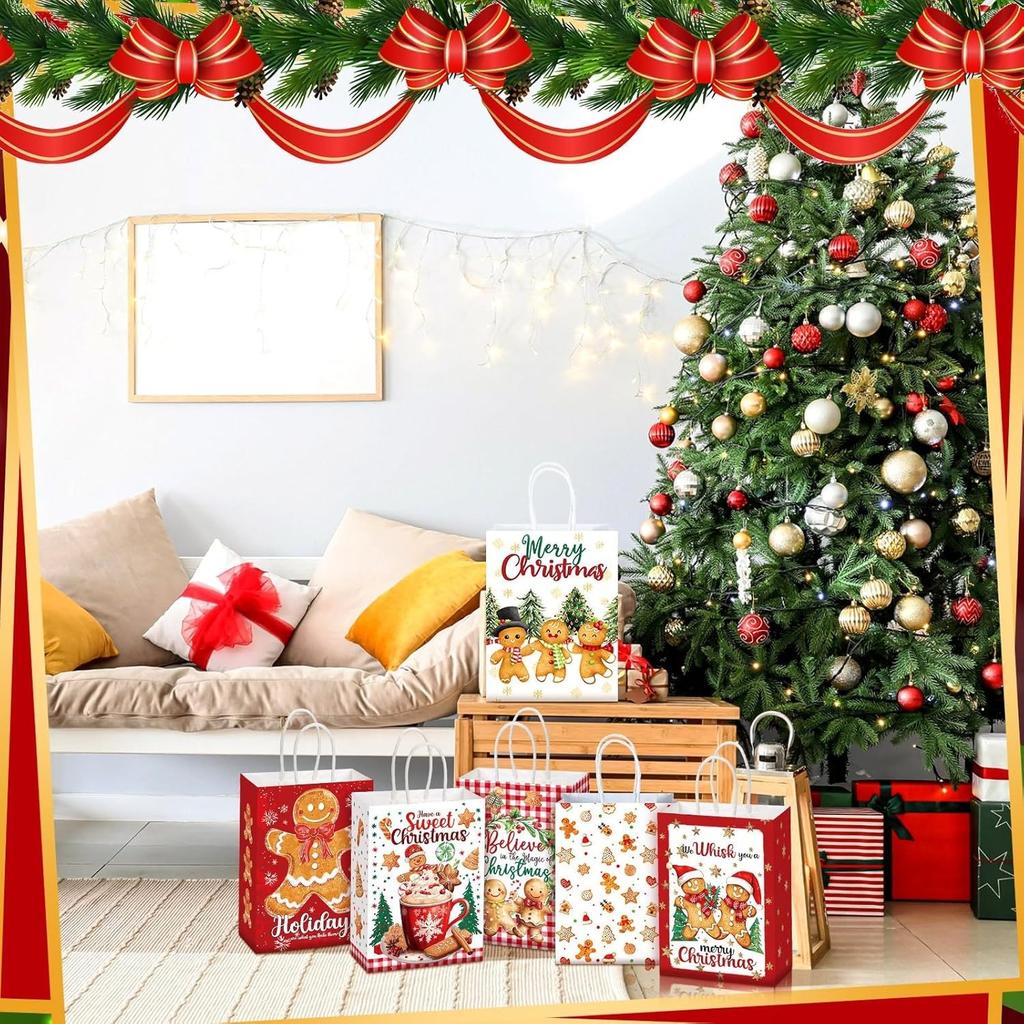 Weihnachts-Lebkuchen-Gastgeschenktüten - Stabile Papiertüten mit Henkeln - Festliche Lebkuchenmänner, Frohe Weihnachten Designs