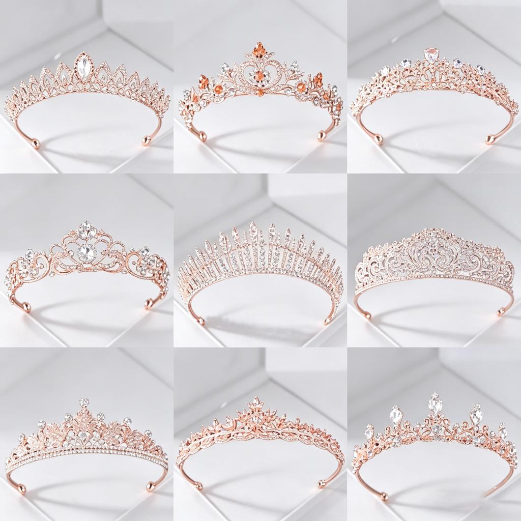 Rose Gold Crystal Bridal Tiaras and Crowns for Women Bride Rhinestone Prom Diadem Headband Bridal Wedding Hair Accessories Crown
